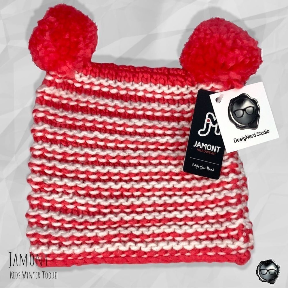 KIDS DOUBLE-POM NORDIC BEANIE IN RED-ORANGE & WHITE STRIPE WINTER SKI HAT YOUTH
